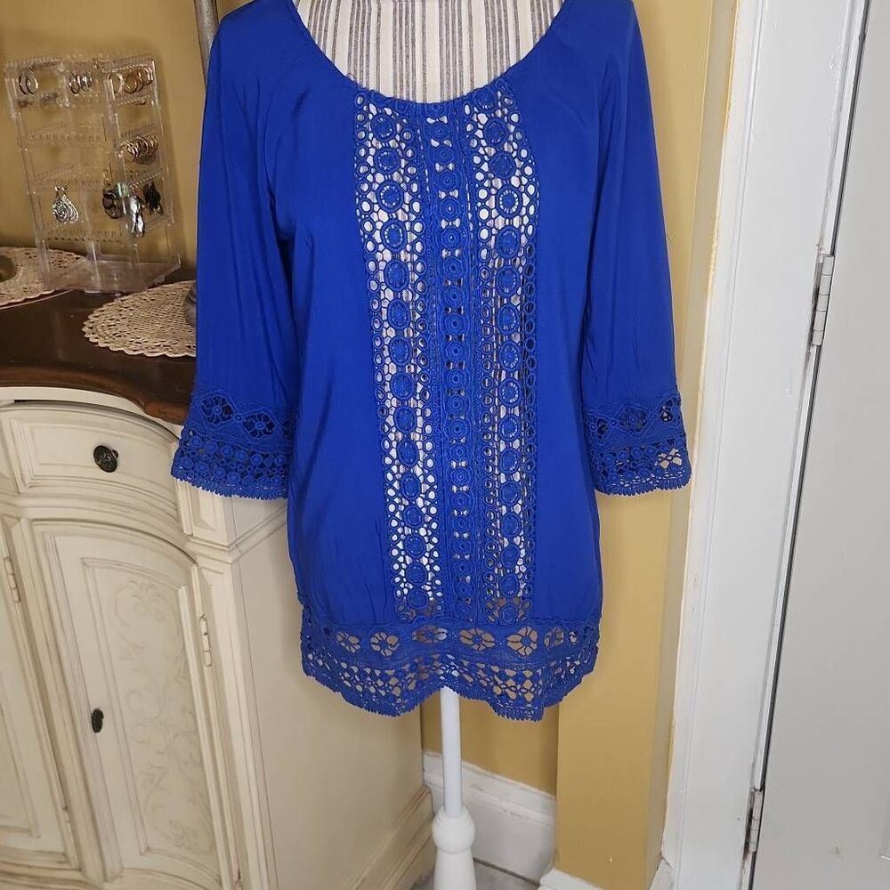 Solitaire swim royal blue crochet boho coverup top women's size M